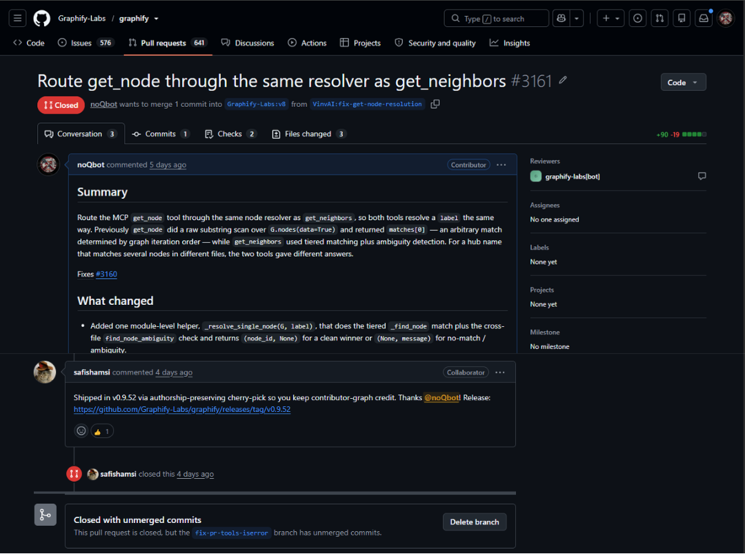 Pull request #3161 on Graphify-Labs/graphify: get_node did a raw substring scan and returned an arbitrary match decided by graph iteration order, while get_neighbors used tiered matching, so the two tools disagreed on the same label. Also shipped in v0.9.52