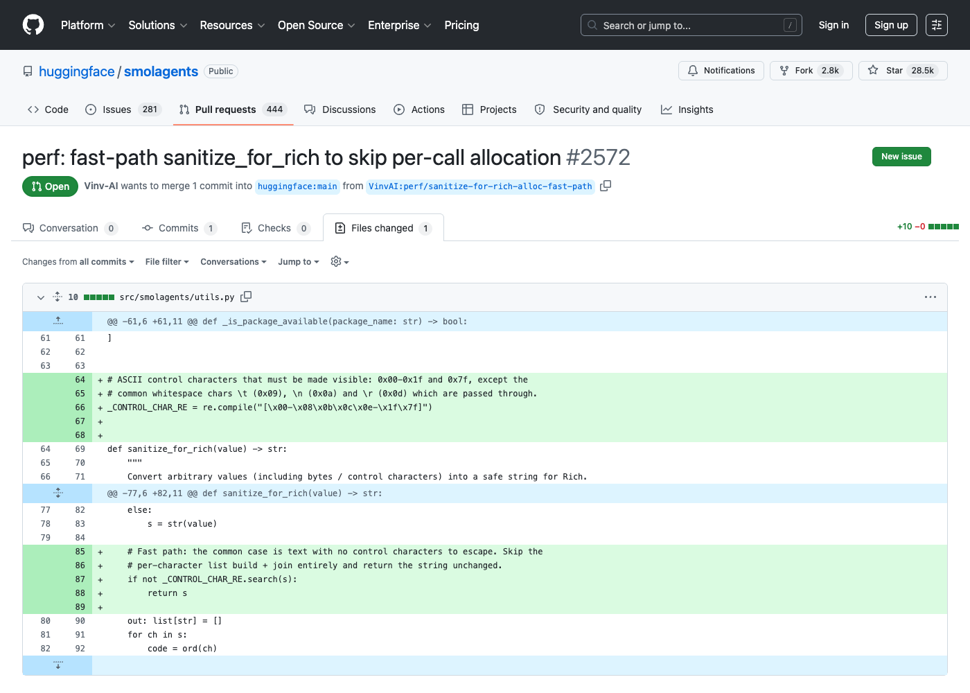 Light-theme GitHub Files changed view for smolagents PR #2572