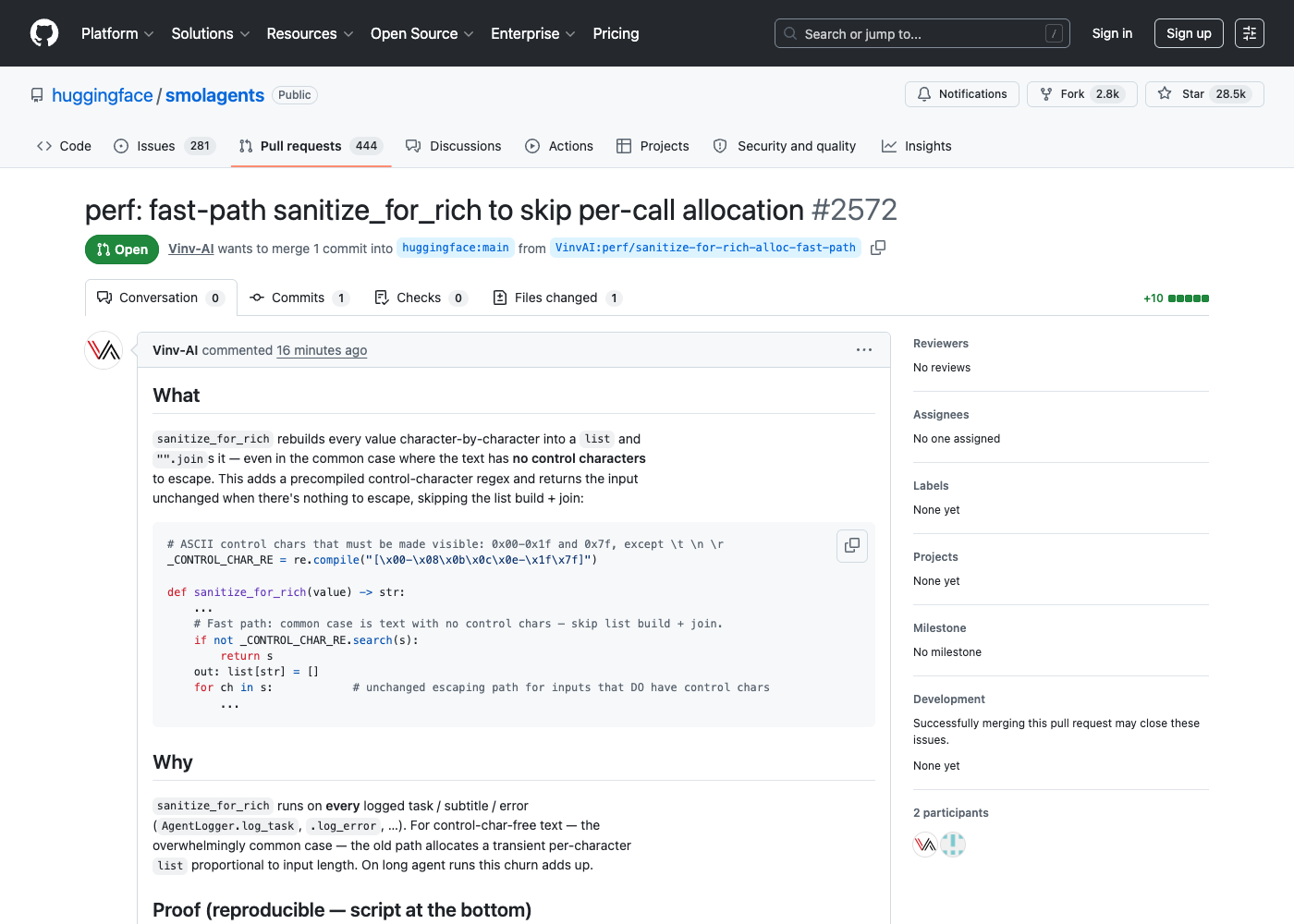 PR #2572 on huggingface/smolagents — benchmarked perf fast-path for sanitize_for_rich